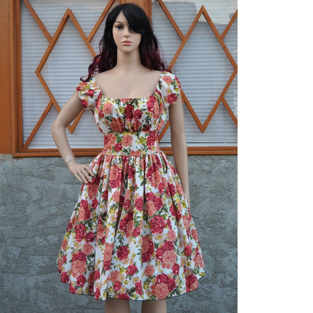 Women's Peasant Dress low shoulder Retro vintage 1950's pinup swing style
